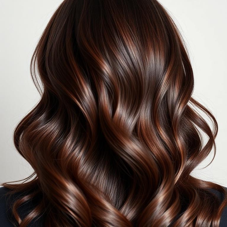 Soft Chocolate hair colour reference — Polished chocolate tone, glossy and softly dimensional.